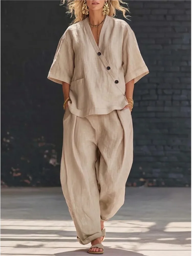 

Women's Fashion Casual 2-piece Solid Color V-neck Loose Short-sleeved Tops And High-waisted Trousers Two-piece Set Summer