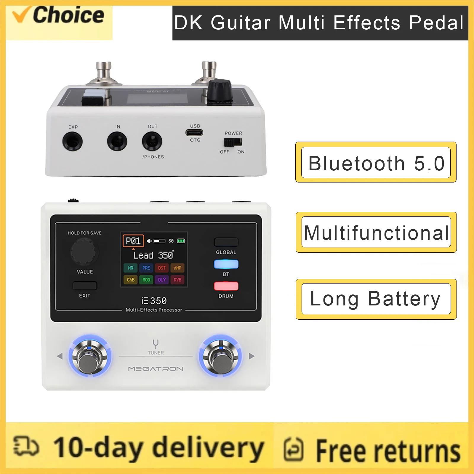 DK IE-350 Guitar Effect Pedal Portable Guitar Multi-Effect Processor 24bit 44.1kHz Sound Processing BT 5.0 Built-in Drum Machine