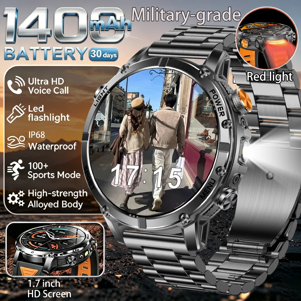 Smartwatch militare da uomo EW con batteria da 1400 mAh, impermeabile IP68, torcia, monitoraggio della salute, funzioni sportive e chiamate, compatibi