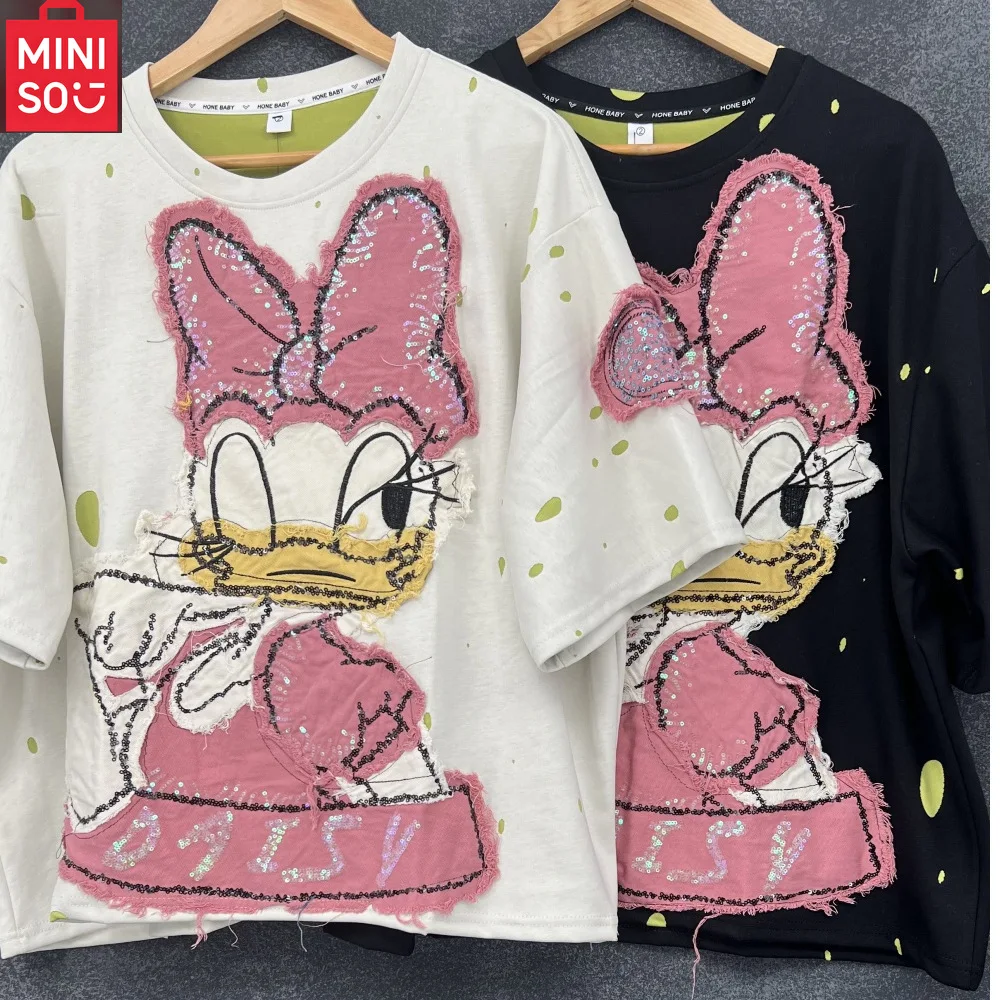 

26/1000 MINISO Женская футболка с коротким рукавом 300 кг, очень большая американская футболка с короткими рукавами и вышивкой в западном стиле