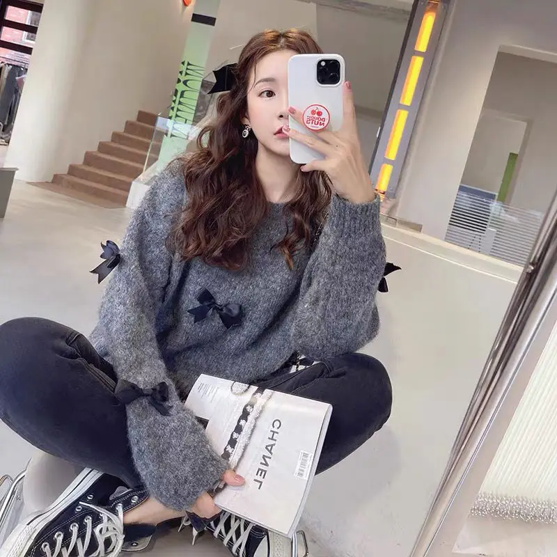 Gray Pullovers Women Sweater Lazy Style Autumn Winter Bow Loose Knitwear Soft Sweet Girls O-neck Casual Long Sleeve Preppy Retro