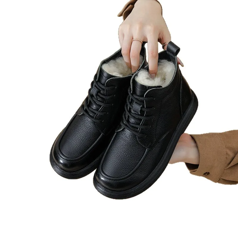 المرأة أسود/بني/أبيض بولي Leather الجلود منصة الدانتيل متابعة حذاء من الجلد للاستخدام اليومي أحذية الشتاء غير رسمية أحذية بوت قصيرة Q-120