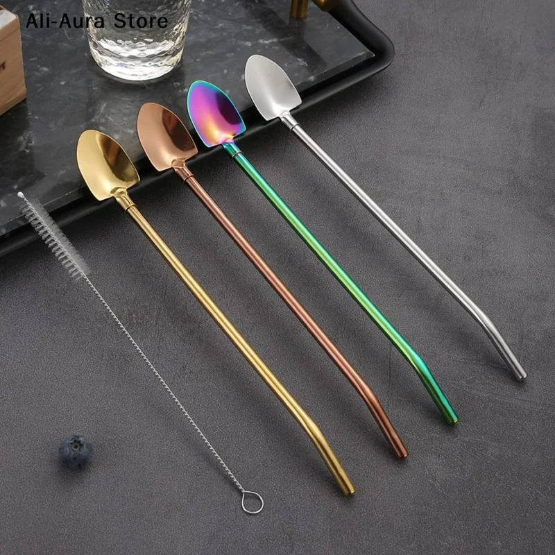 1Pcs Stainless Steel Mix Drinking Spoon Straws, Creative Ice Cream Kitchen Utensil Barware, Shovel Spoon Shaped Straws