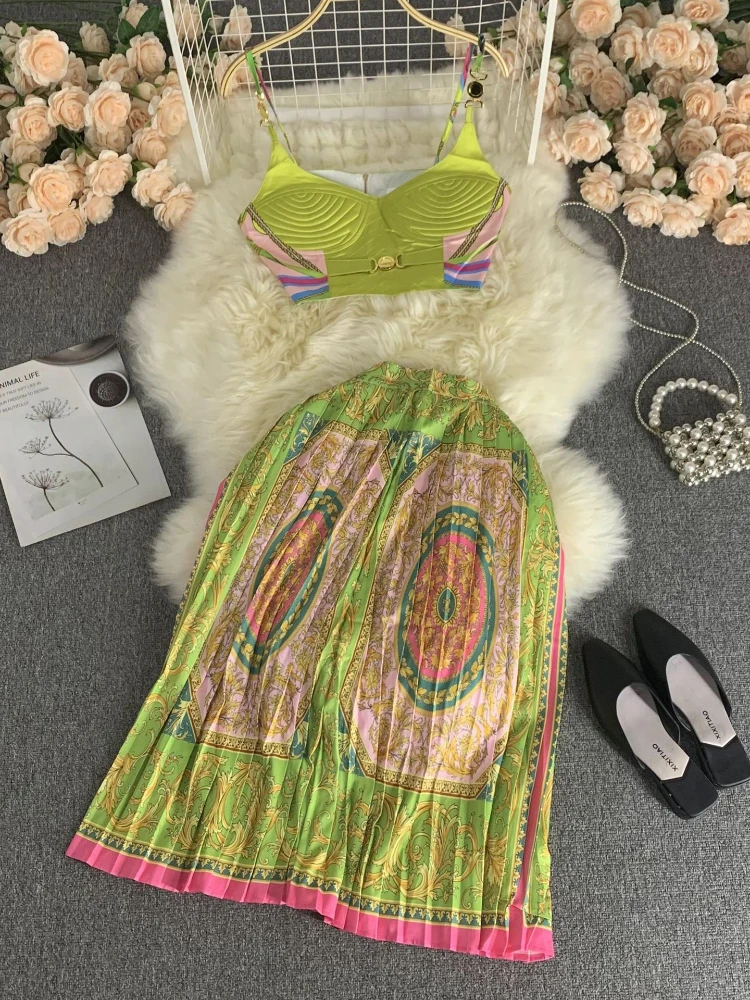 

Women Sexy Print Pleat Seaside Vacation Suits Summer Vintage Bra Suspender Vest+high Waist A-line Skirt Two Piece Sets