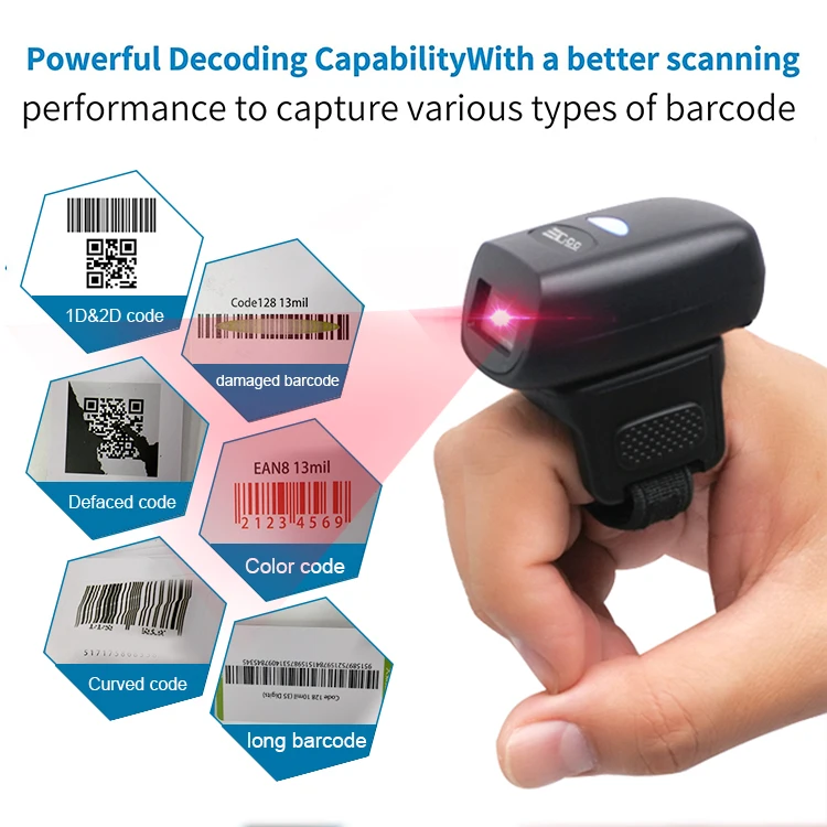 Best Price Cheap Portable Wearable Finger Ring Wireless 2.4G BT 1D 2D Handfree Barcode Scanner Reader