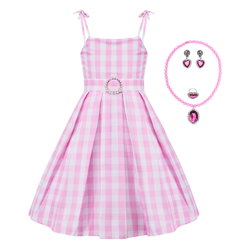 Girls Sweet Plaid Pink Dress, Sleeveless Halter Princess Dress, Party Role Play Costumes With Accessories