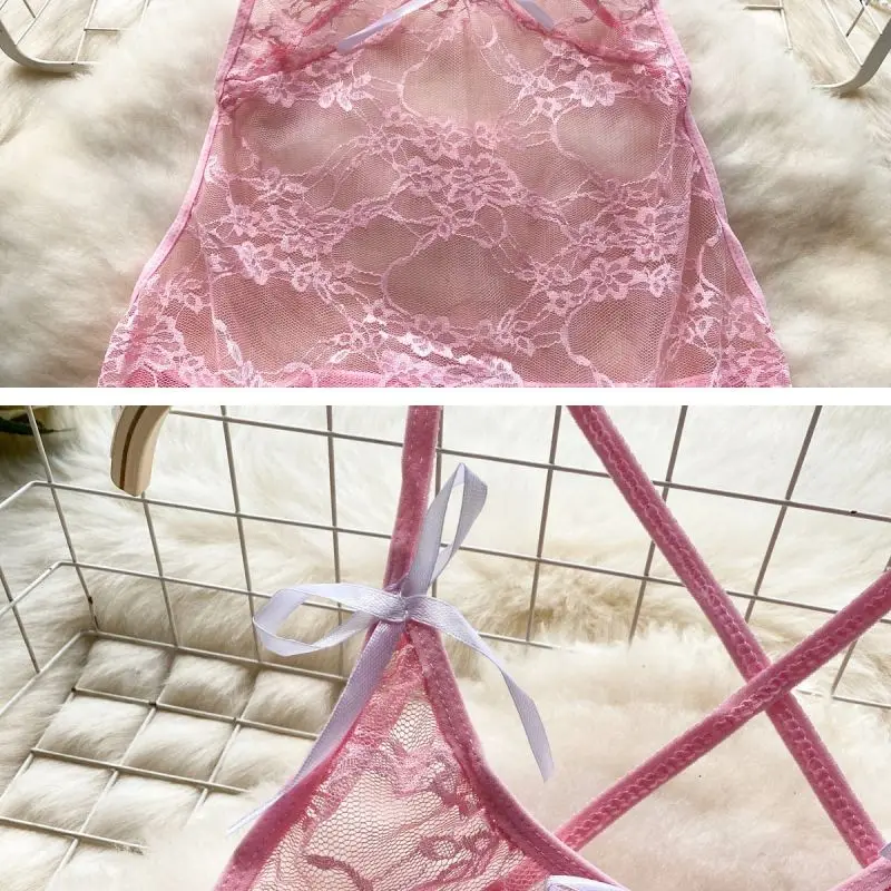 Roze Cross Strap See-through Kant Korte Jurk Backless Holle Boog Onregelmatige Hotsweet Sexy Vrouwen Pyjama Nachtkleding Nieuw in Kleding