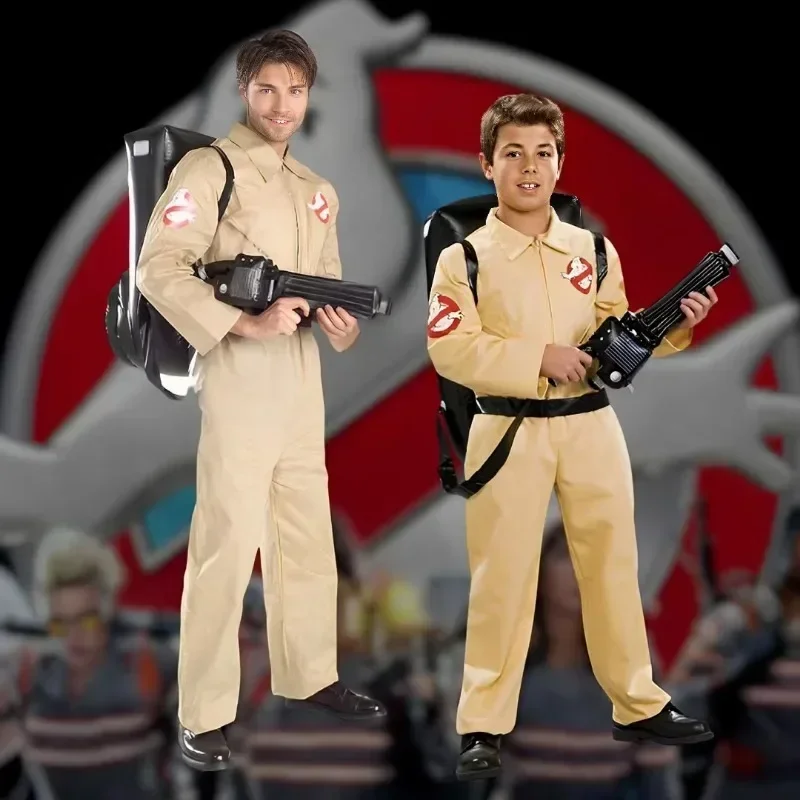 Sn88 crianças pai ghostbusters trajes temáticos cosplay uniforme de halloween macacão com bolsa ideal para adultos e crianças * # 2@5