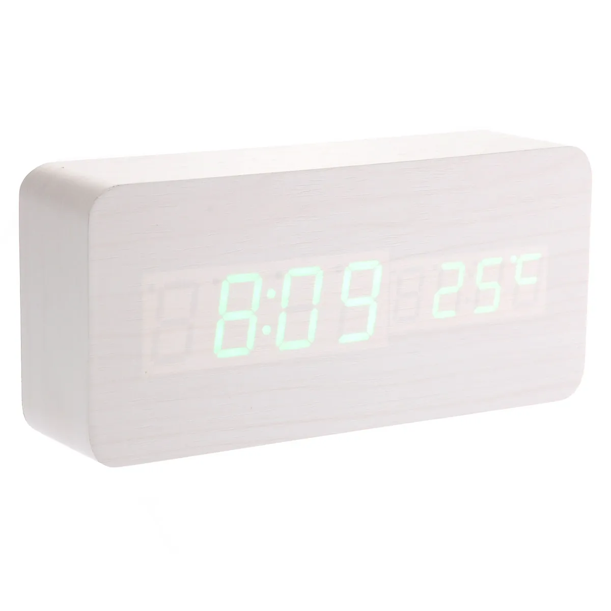USB Aaa Powered LED Wooden Desk Alarm Clock White Green LED Digital Display Voice Control Date Temperature Alarm Multi Function