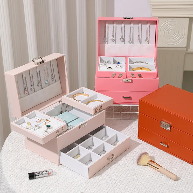 Jewelry Organizer Box, Large Jewelry Boxes for Women Girls, Space-Saving 3 Layers Jewelry Storage Case with Drawer, Movable Meta
