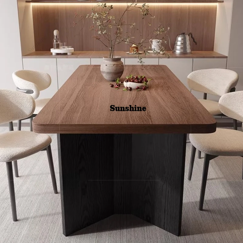 Medieval solid wood dining table North American black walnut wood grain rock slab dining table