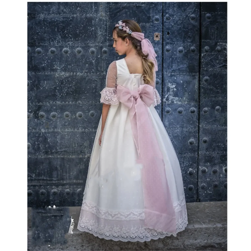 Wedding Flower Girl Long Dresses for Floral Lace Tulle Floor Length Maxi Kids Bridesmaid Ball Gowns Guest attire