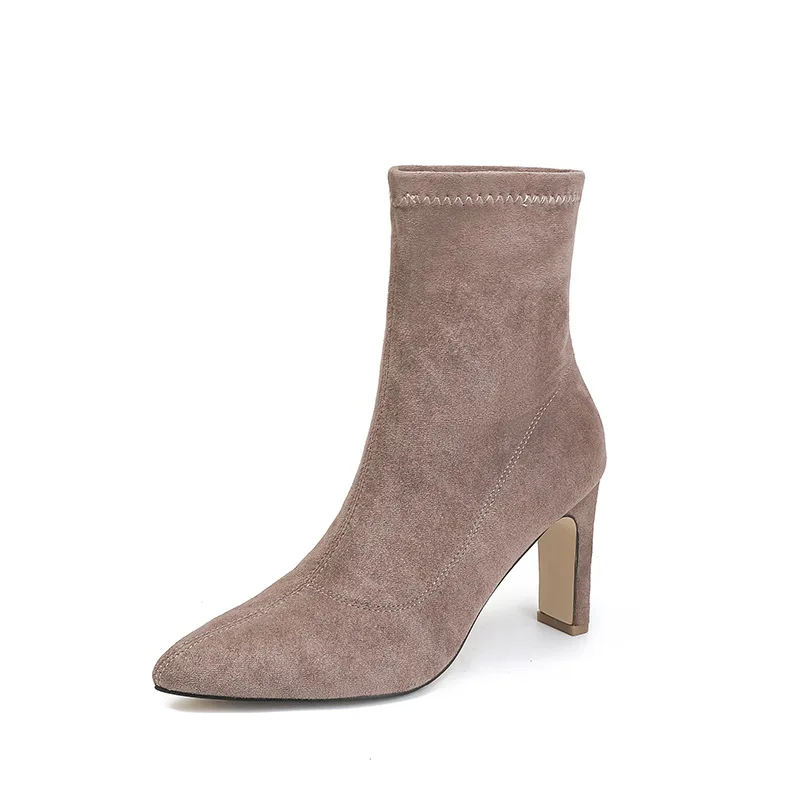 Brown Short Boots Women's High Heel 2026 Autumn/Winter New Style Versatile French Thin Heel Elastic Boots Velvet Surface Pointed
