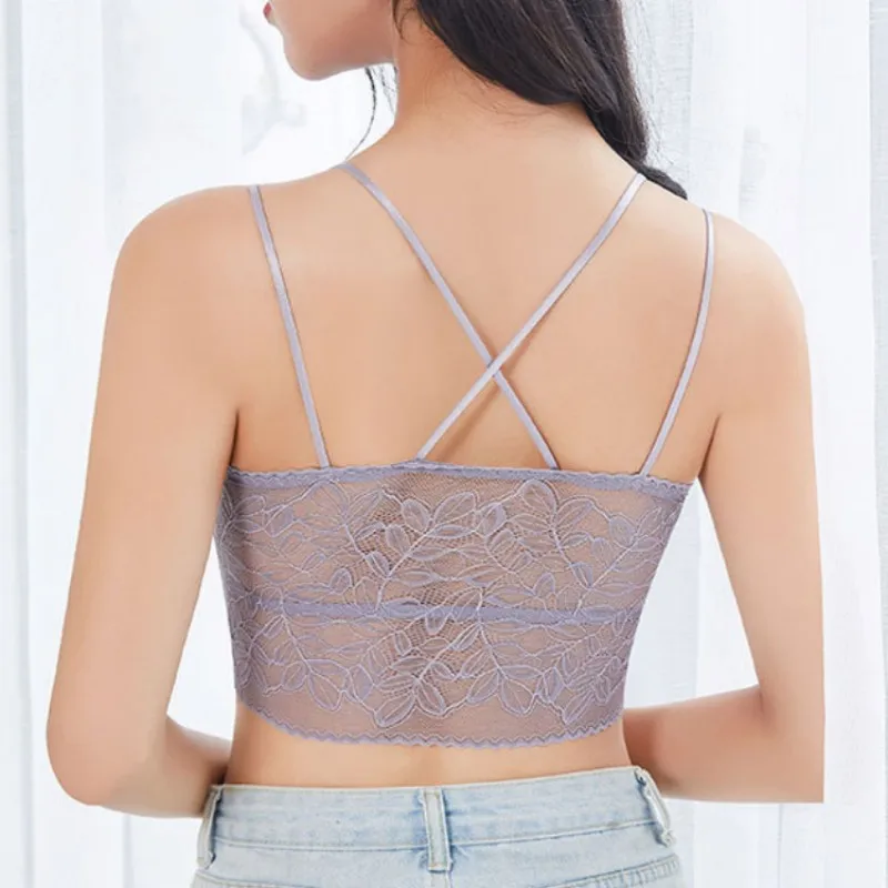 Women Lace Tube Top Sexy Bra Tops Solid Color Padded Bralette Female Cross Back Crop Tank Free Size Lingerie Comfort Underwear