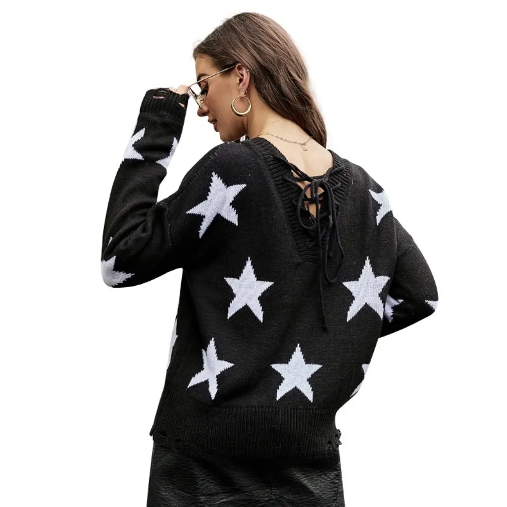 

Women's Casual Jacquard Sweater Drawstring Pullover Fashion Design Top New Arrival Five-Star Style