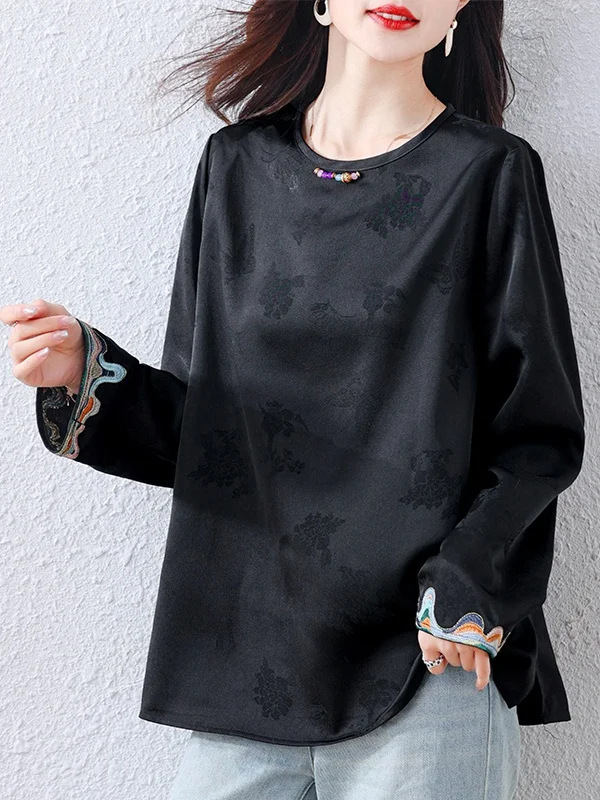 

Женская футболка с цветочной вышивкой в стиле ретро, ранняя осень 2023, новинка в китайском стиле, большие размеры, базовая одежда, модная, свободная, длинная...