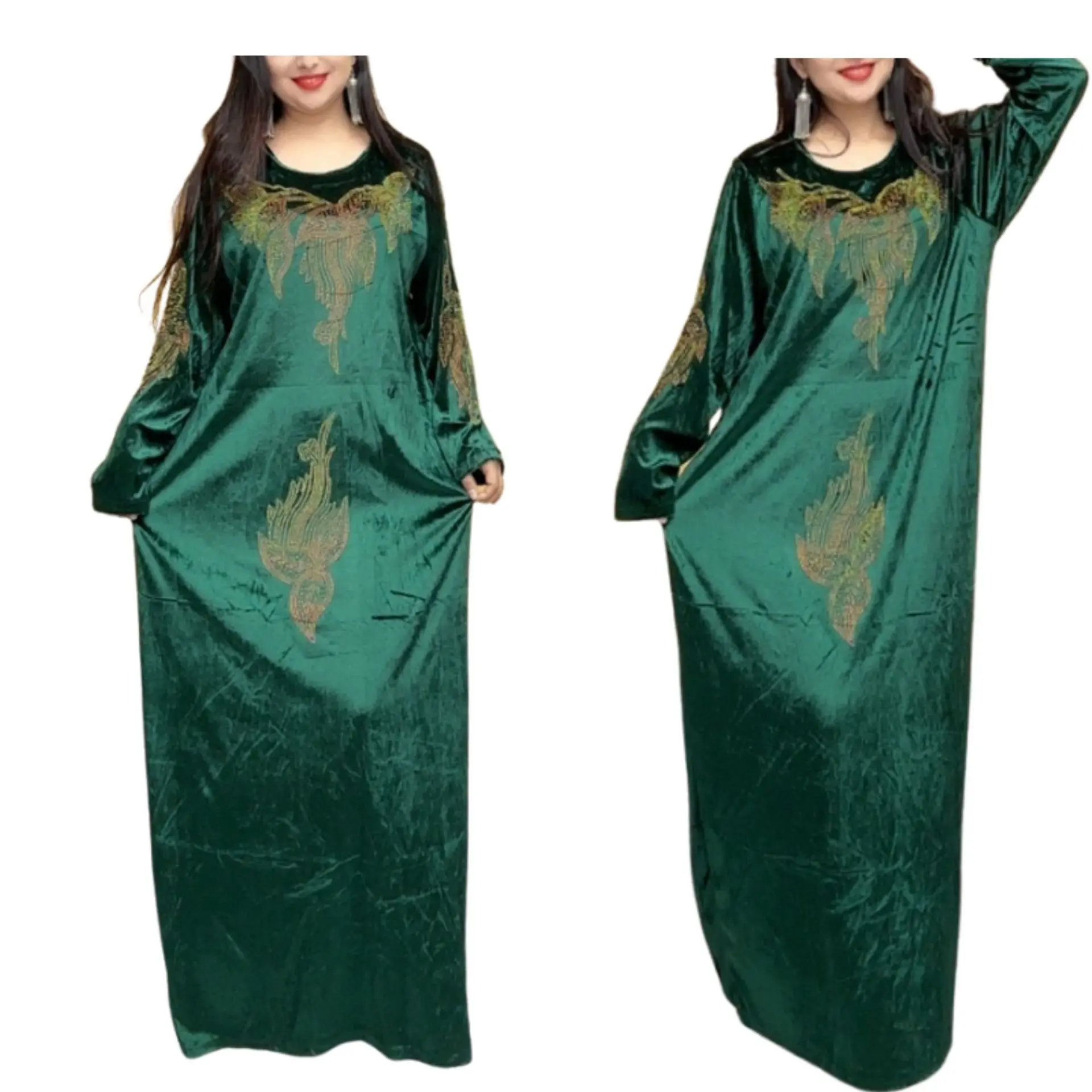 

2023 Summer Elegant African Women Long Sleeve O-neck Polyester Green Black Long Dress Maxi Dress Dashiki African Dresses