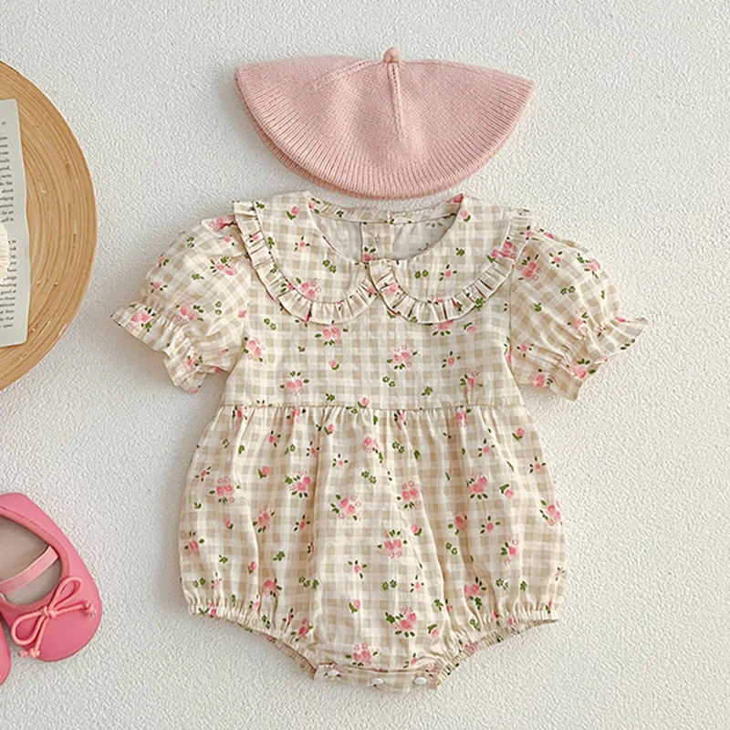 

2024 New Summer 0-24M Baby Girl Clothing Infant Baby Girls Bodysuits Short Sleeved Cotton Flower Print Toddler Baby Jumpsuit