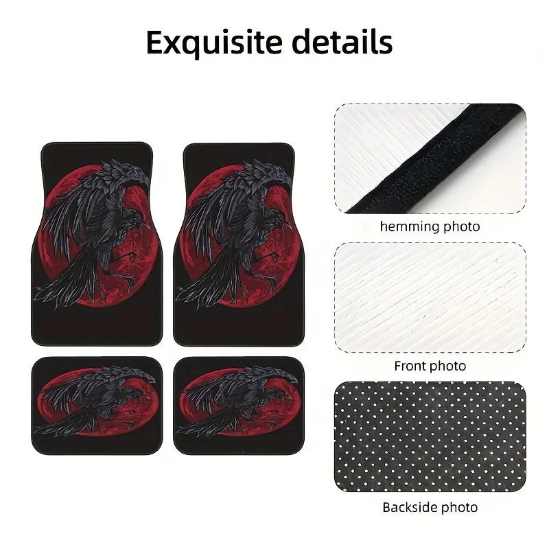 4pcs, Raven Theme Pattern Car Rubber Mats, Universal Anti-Slip Carpet, Easy-to-Clean Interior Accessories, Synthetic Rubber Mate
