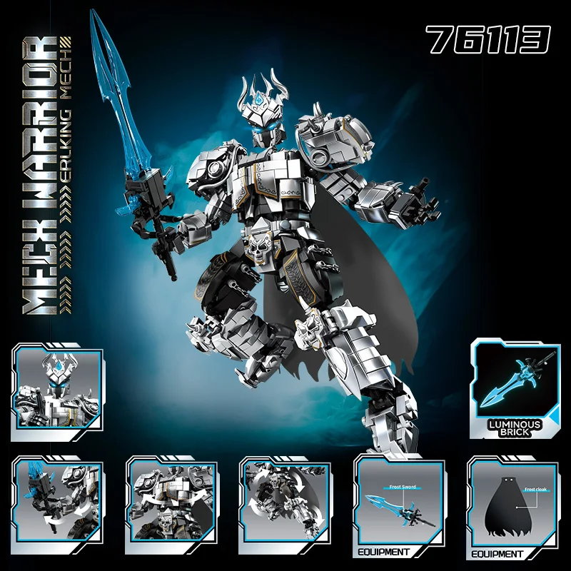 

Mech Warrior Ice King Mech Building Blocks Silver Robot Glowing Blue Sword Model Toy Home Decor Desktop Ornament Gift For Boys