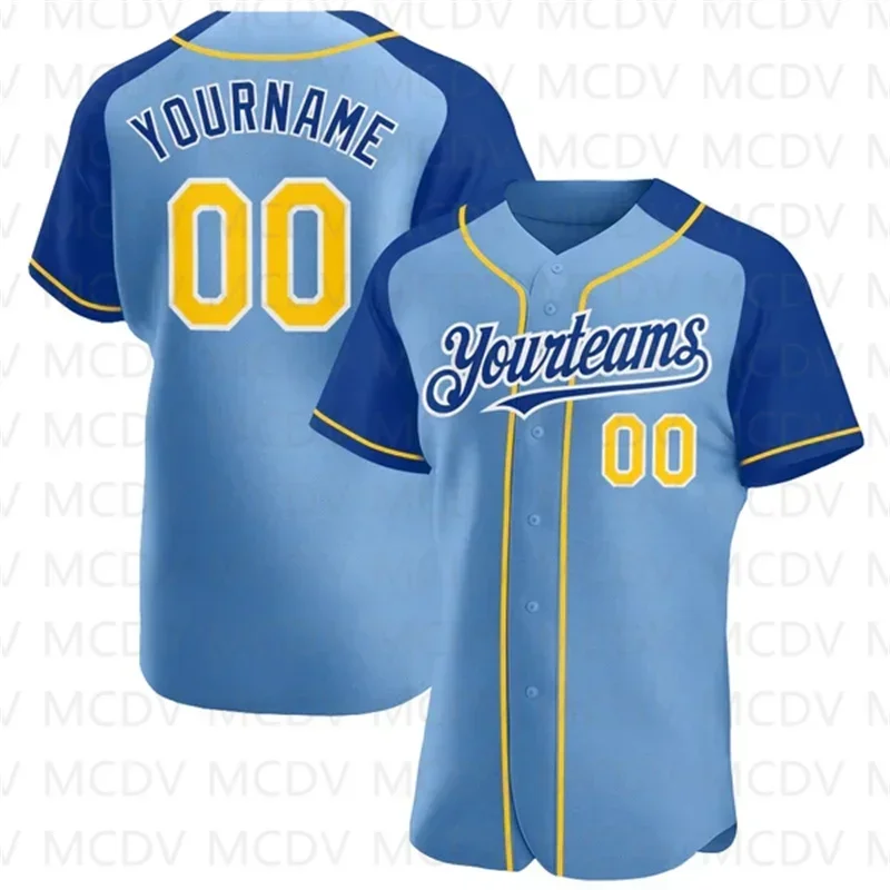 Custom Light Blue Yellow-Royal Authentic Raglan Sleeves Baseball  3D Printed for Men and Women Casual Team Shirts  Unisex Tops