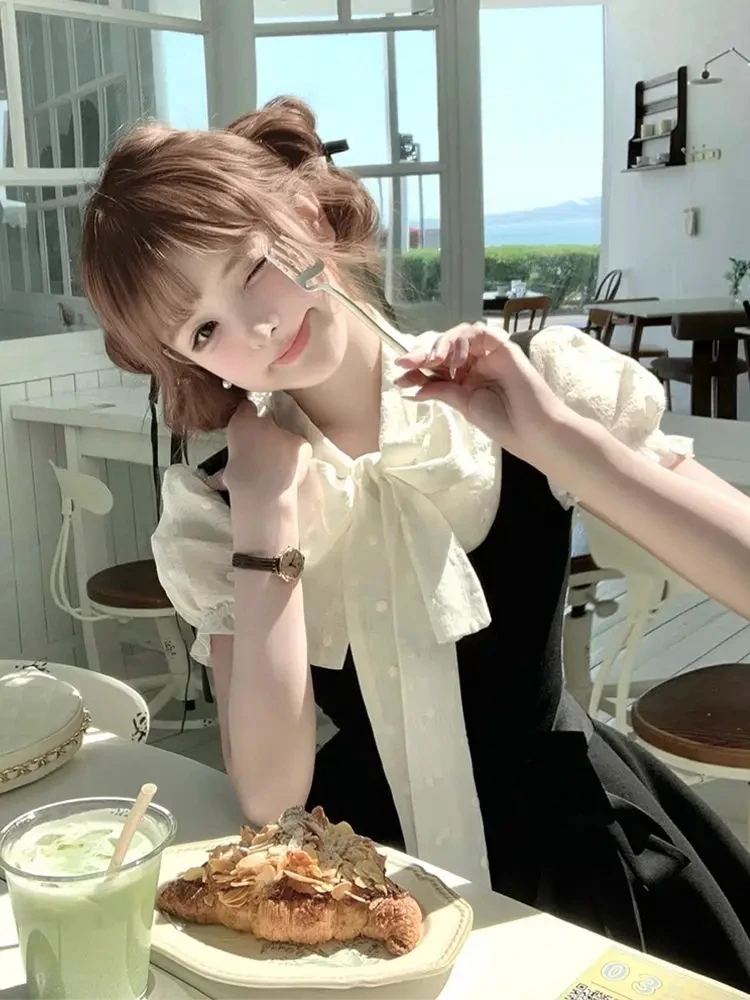 مجموعة ملابس نسائية يابانية حلوة مكونة من قطعتين فستان قصير سهل الارتداء ​ + بلوزة صيفية بفيونكة منقطة Y2k بدلة Jk جمالية