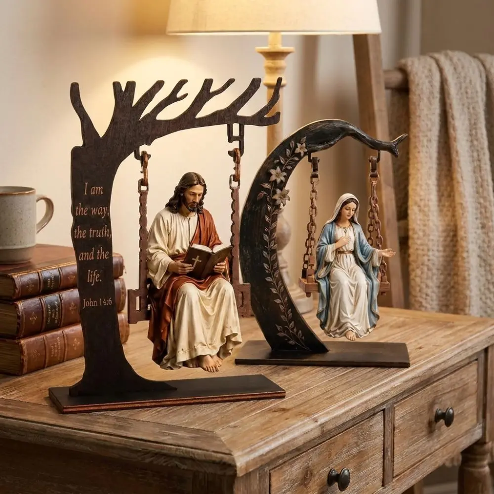 Vintage Wooden Jesus Swing Ornament Religious Verse Engraved Bible Reading Figurine Catholic Cradle Swing Figure Swing Craft