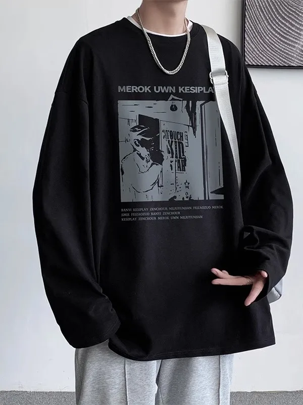 

Extra Large 300 Pou American Retro Long Sve T-irt Men's Autumn Trendy Loose Cotton Top Youth ular round Ne