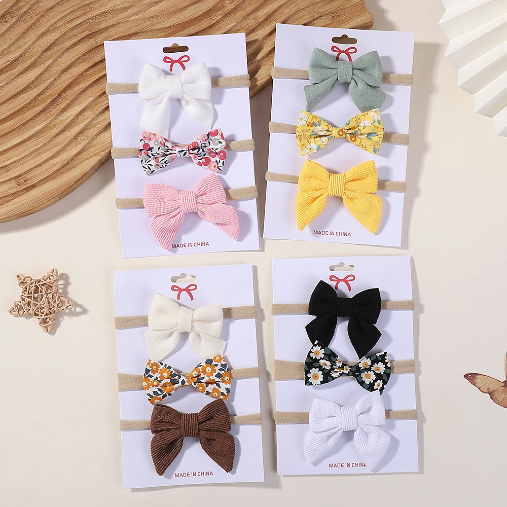 

3 шт./компл., хлопковые детские повязки на голову с бантиками для девочек, защита для новорожденных, эластичная нейлоновая повязка для волос с принтом, детские аксессуары для волос для малышей