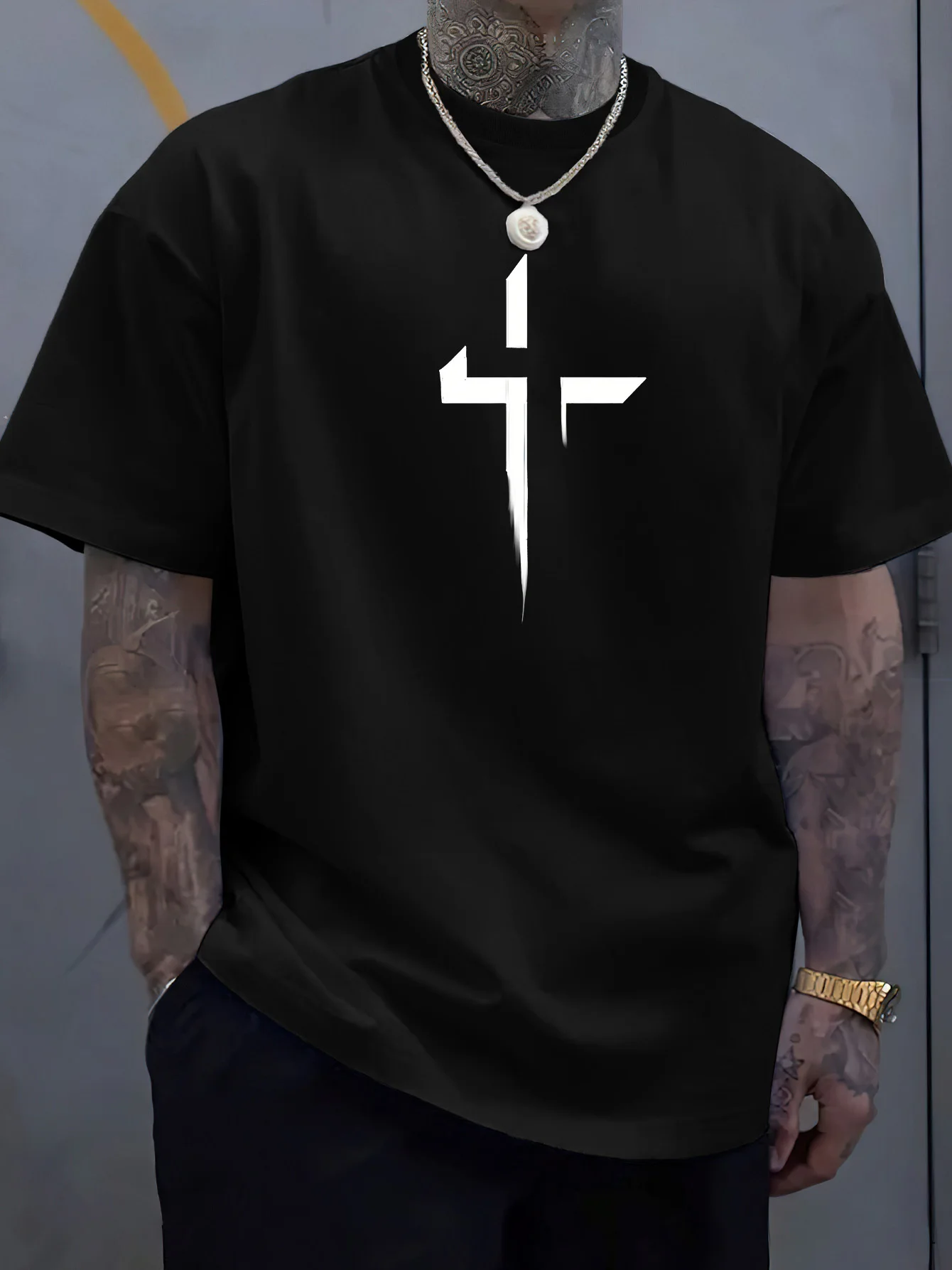 Summer men\'s 100% pure cotton casual loose plus size Cross Creative printed sports comfortable round neck short sleeved T-shirt