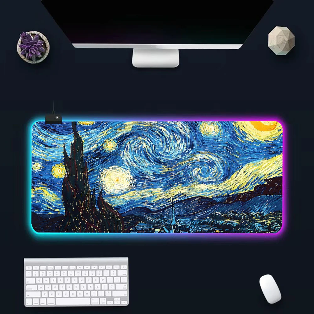 Art Painter Van Gogh RGB Pc Gamer Keyboard Mouse Pad Mousepad LED Glowing Mouse Mats Rubber Gaming Computer Mausepad