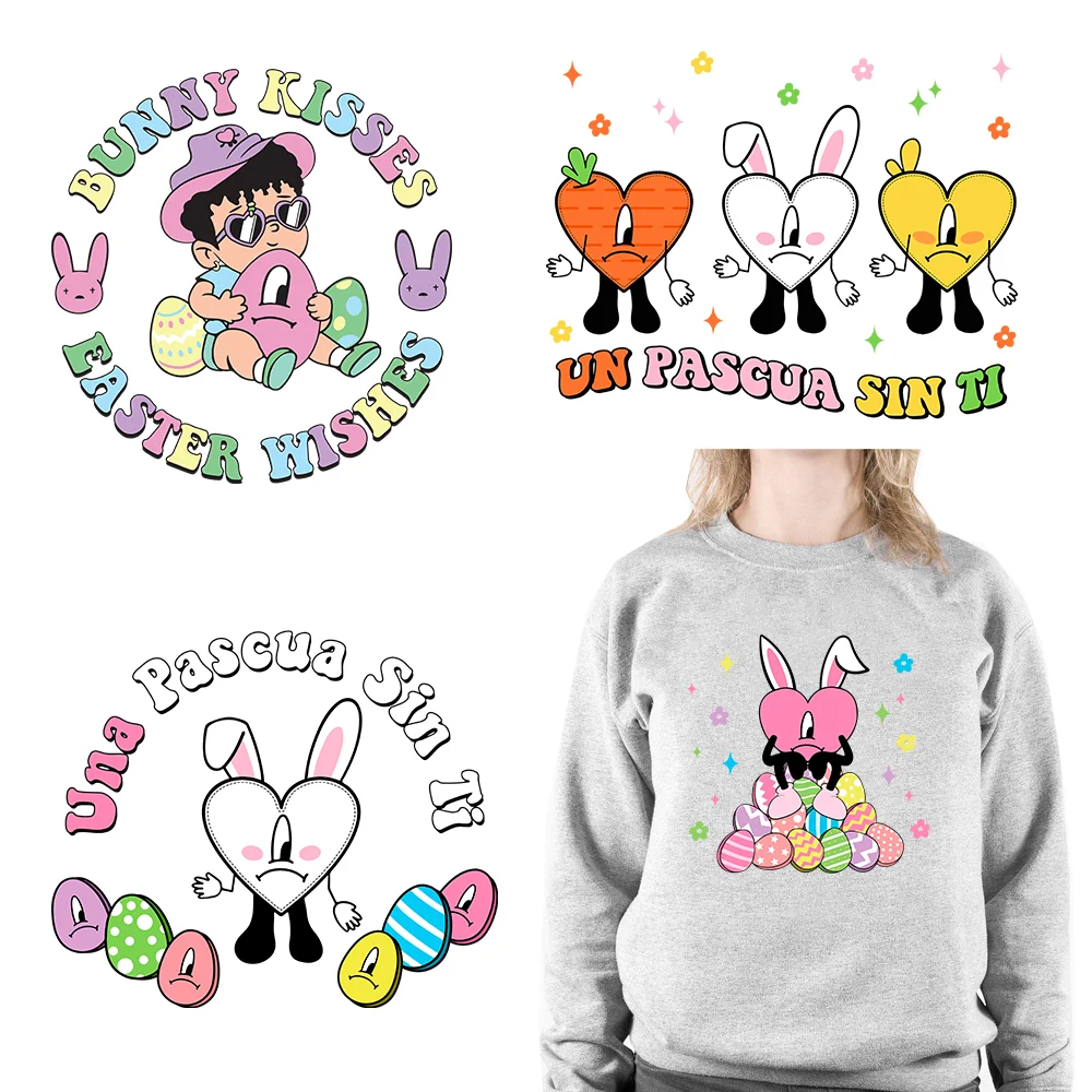 

Easter Bunny Kisses Stickers Rabbit Egg Iron On Un Pascua Sin Ti DTF Transfers Ready To Press For Clothes Bags