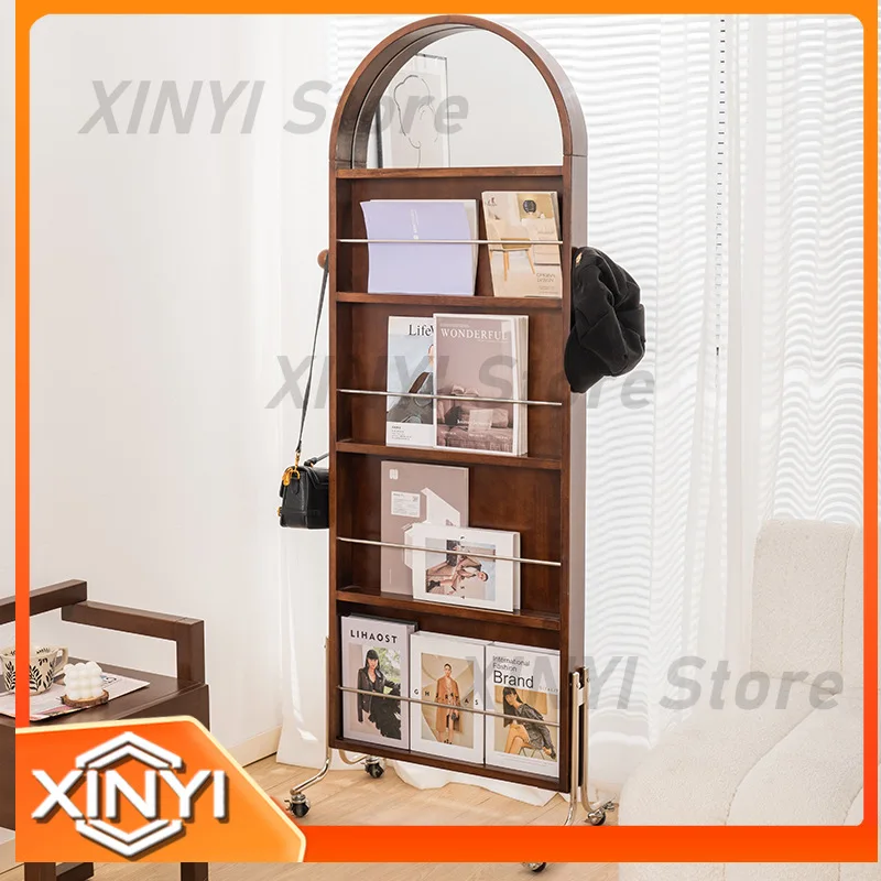 Vintage Full Length Floor Mirror with Shelf for Home Use Magazine Storage and Clothing Try On for Wooden Movable Standing