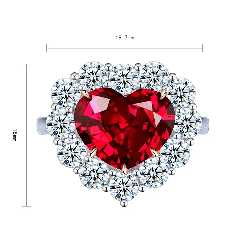 Big Size Lab Grown Red Ruby Heart Cut Pigeon Blood Color Silver Ring For Women Jewelry Engagement Ring
