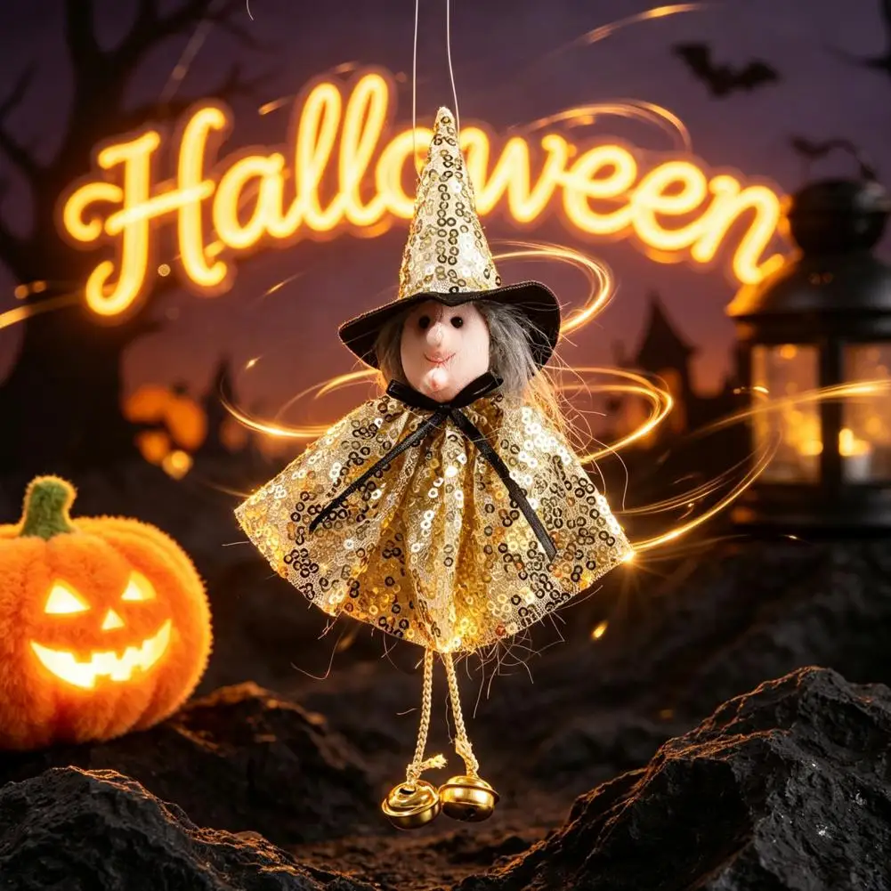 Halloween Patterns Halloween Witch Doll with Bells Sequins Fabric Hanging Decoration for Tree Party Home Window Halloween Decor