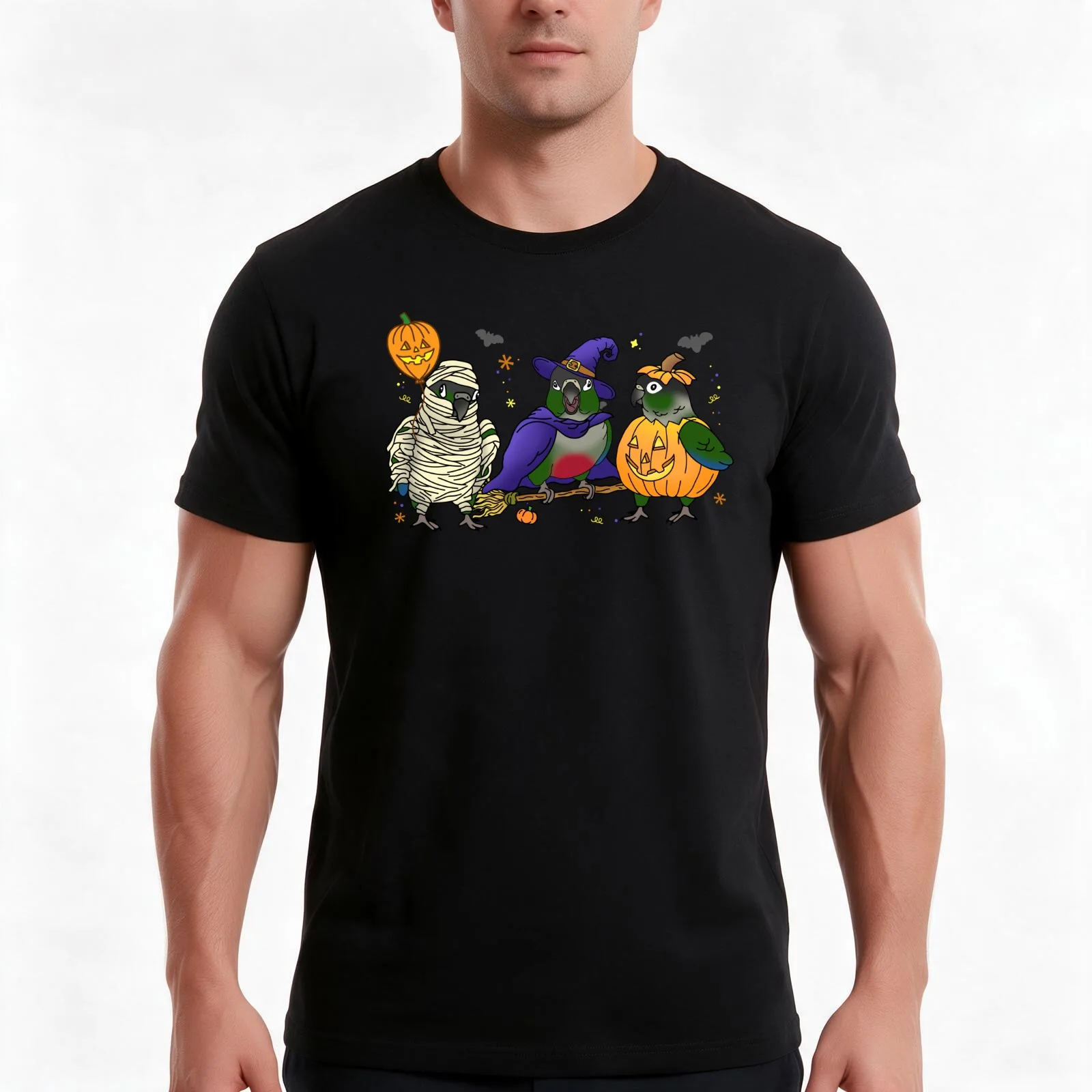 Halloween Parrot - Green cheeked conure dressed like pumpkin witch mummy T-Shirt Summer Casual Cotton Tee Unisex Men Women
