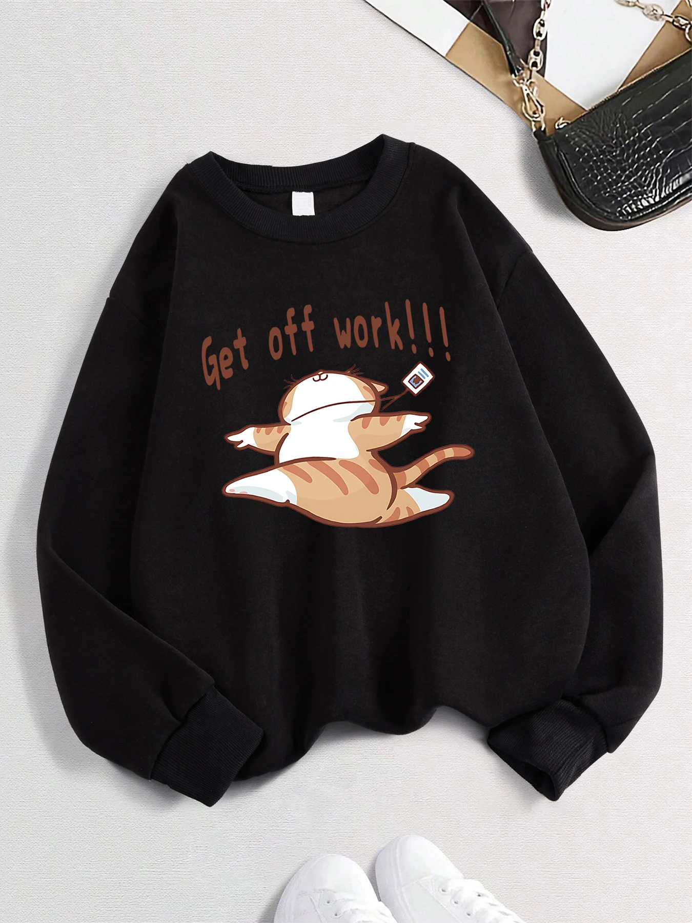 Get Off Work Happy Working Cat Print Trainingsanzug Damen Lässige bequeme Sweatshirts Herbst Winter Streetwear Cartoon Fleece Kleidung
