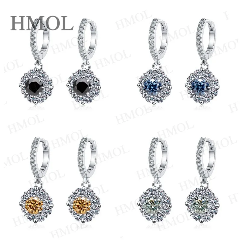 Round Cut 1CT Moissanite Earring White/Black/Champagne/Blue/Sparkling Green S925 Silver Exquisite Women's Jewelry Christmas Gift