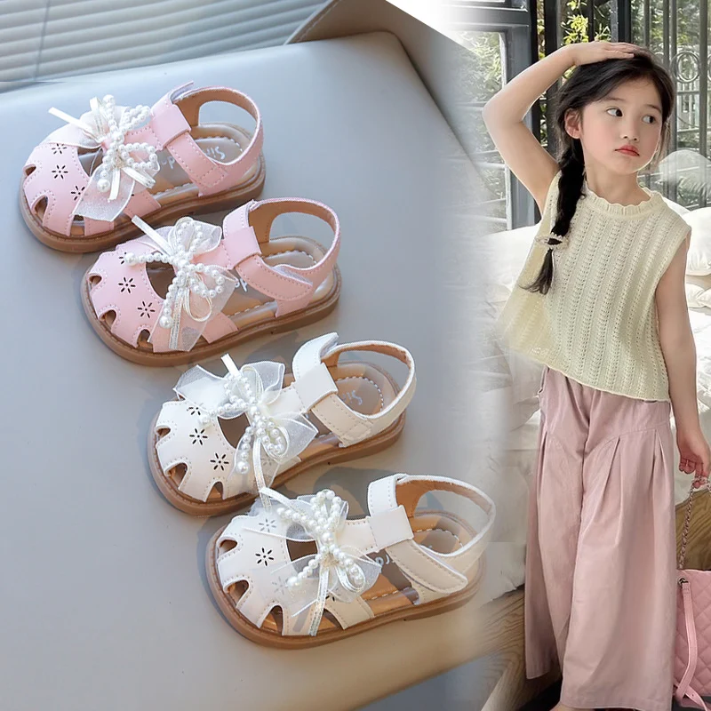 

Little Girls Summer Sandals Cut-outs Breathable Bow-knot with Lace Princess Sweet Classic Soft Kids Beach Sandals Toe-covered