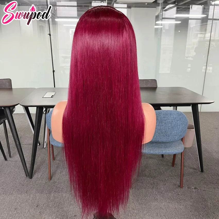 Swupod 200 Density 13x4 HD Transparent Lace Front Wig for Black Women Straight Remy Human Hair Wigs 99J Burgundy Color Glueless