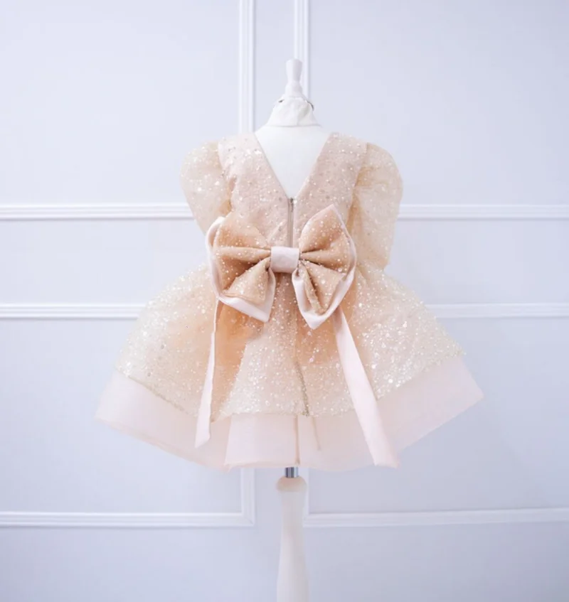 Champagne Sequined Baby Girls Dress O Neck Full Sleeve Princess Wedding Flower Girl Dress Big Bow Toddler Tutu Outfit Birthday