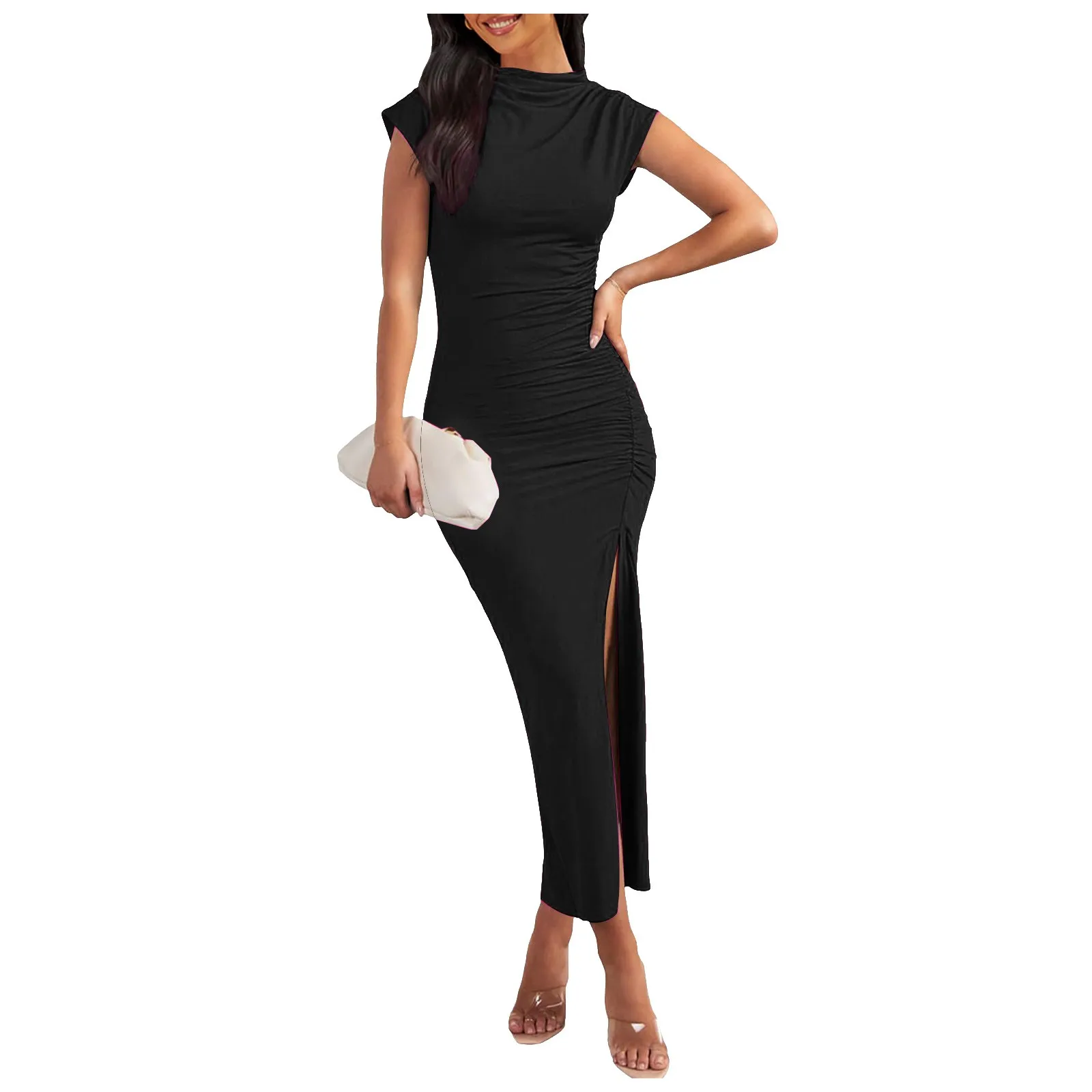 Summer Women's Slim Party Dresses Round Neck Sleeveless Shoulder-padded Bodycon High Waist Midi Dress Spring Female Chic Dress