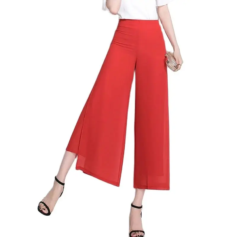 

2023 Summer New Chiffon Wide-leg Pants Women High Waist Straight Pants Ladies Casual Thin Loose Nine-Point Split Culottes 6XL