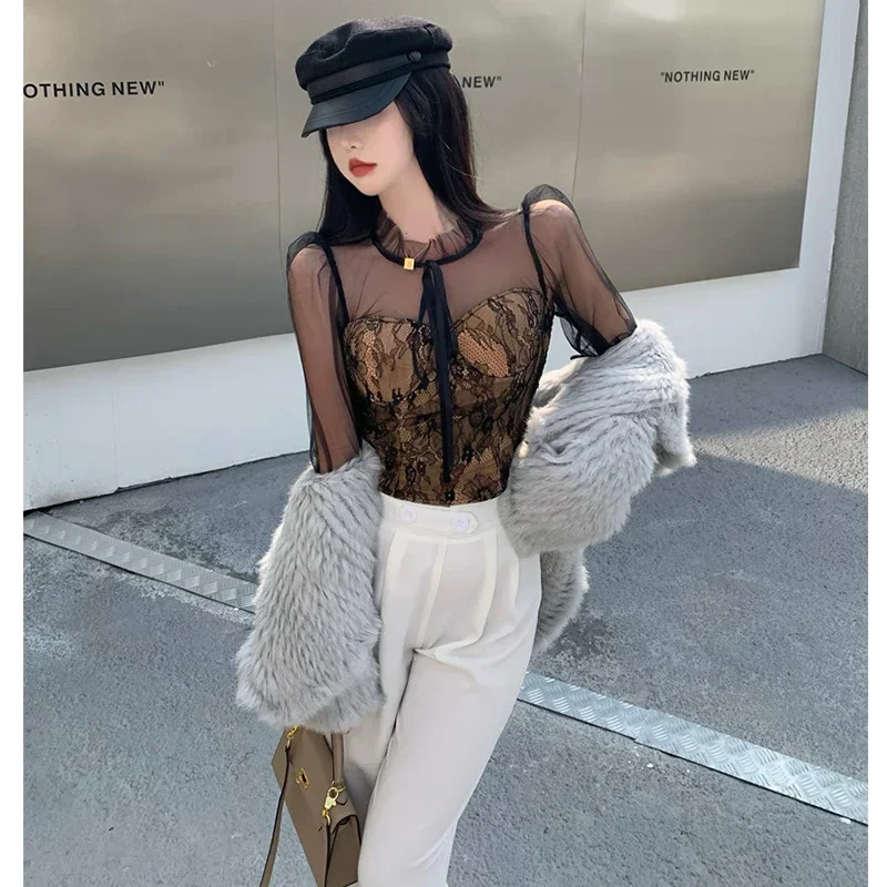 Sexy Blouse Woman Lace Bottoming Spring Summer Female Short New Chic Western Style Elegant Long-sleeved Mesh Top Shirt