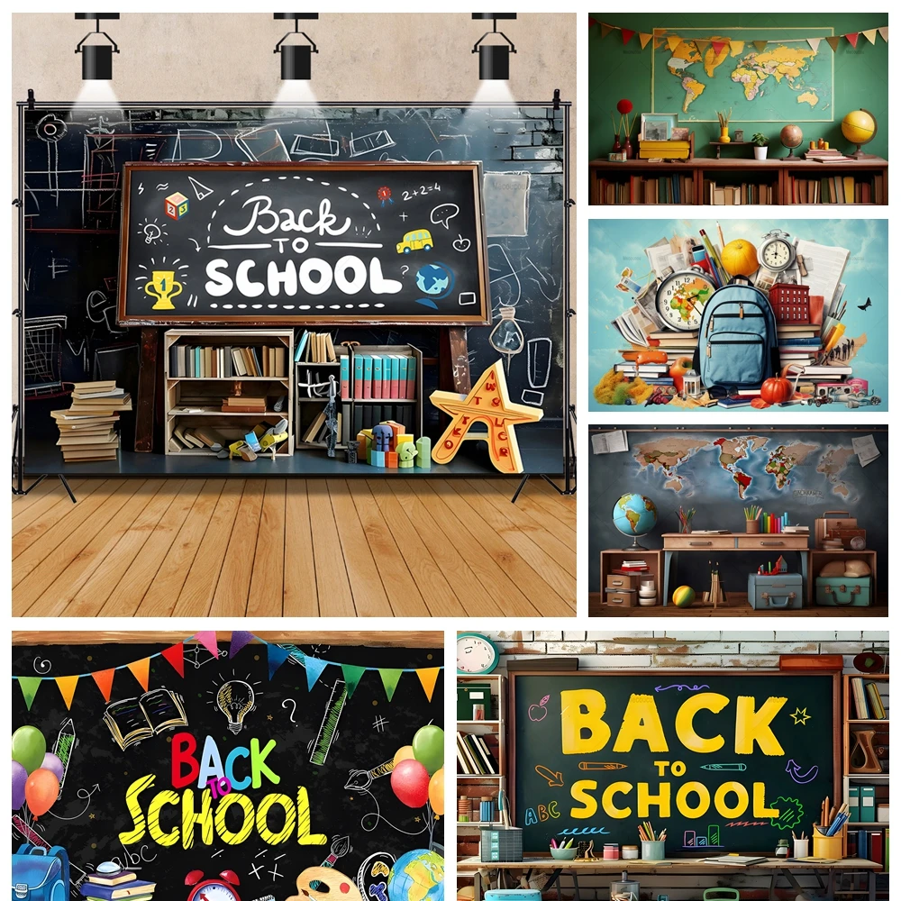 

Back To School Classroom Chalkboard Banner Backdrop Custom Kids School Starts Globe Book Pen Photography Poster Decor Background