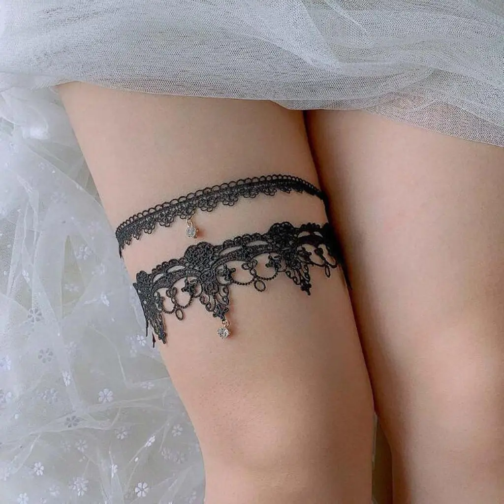 2Pcs/Set Women Black Lace Leg Ring Thigh Circle Wedding Garter Accessories for Bride Stretch Prom