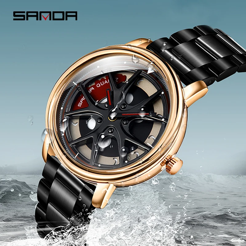 SANDA P1025 Rotation Rim Hub Sports Car Watch Men\'s Waterproof Stainless Steel Wheel Quartz Wristwatch Men with Luminous Hands