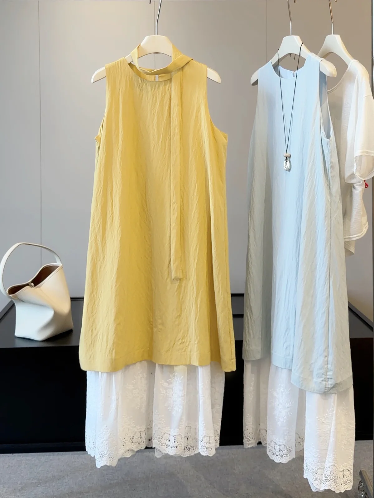 Harajuku Yellow Blue Halter Sleeveless Midi Dress Textured Crinkle Two Layer Lace Hem Loose A-line Women Summer Beach Vacation