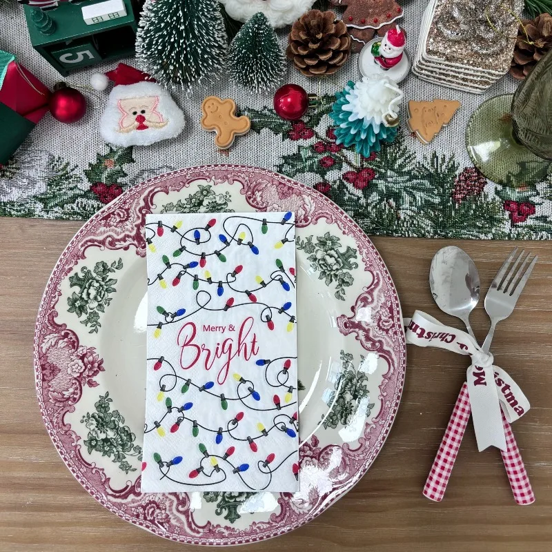 16 قطعة 33*40 سنتيمتر 3-layer عيد الميلاد تحت عنوان المناديل أضواء النيون الملونة ، قاعدة بيضاء المتاح ورقة المفارش DIY Decoupage ورقة