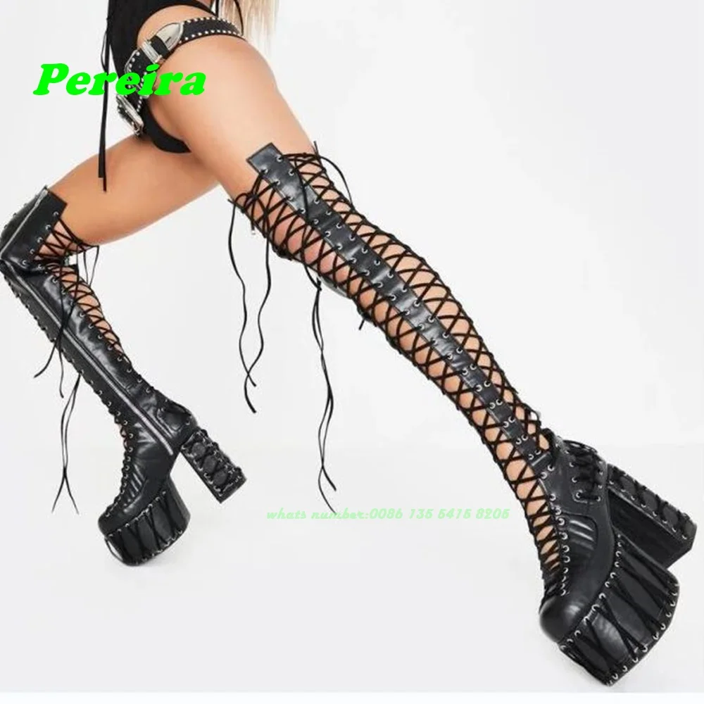 Sandales à lacets croisées à plateforme noire pour femmes, chaussures rondes, talons épais, bottes à glissière latérale, filles épicées, sexy, plus récent, 2024